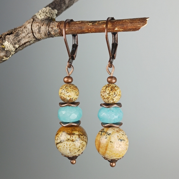 Earth Art hand crafted artisan Jewelry - HAND CRAFTED Boho Rustic Tan Jasper Turquoise Copper Gemstone Earrings